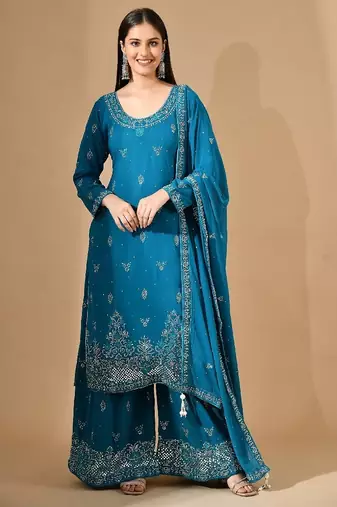 Firozi blue georgette sharara set with mirror & crystal embroidery