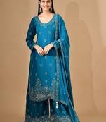 Firozi blue georgette sharara set with mirror & crystal embroidery