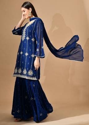 Royal blue georgette sharara set with crystal & zari embroidery 5