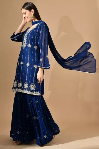 Royal blue georgette sharara set with crystal & zari embroidery