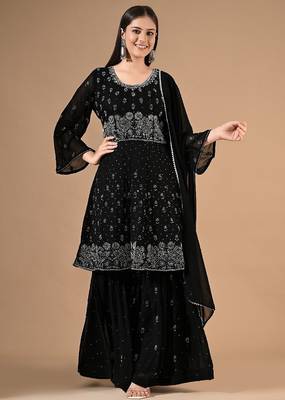 Black georgette sharara set with thread & crystal embroidery 1