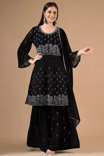 Black georgette sharara set with thread & crystal embroidery