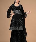Black georgette sharara set with thread & crystal embroidery