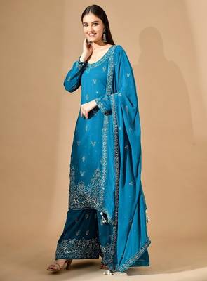 Firozi blue georgette sharara set with mirror & crystal embroidery 4