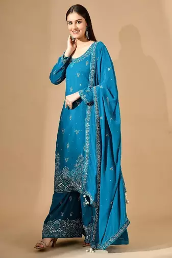 Firozi blue georgette sharara set with mirror & crystal embroidery