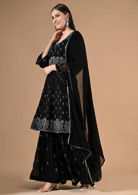 Black georgette sharara set with thread & crystal embroidery 3