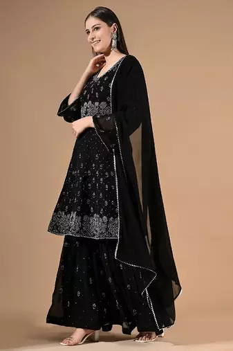 Black georgette sharara set with thread & crystal embroidery