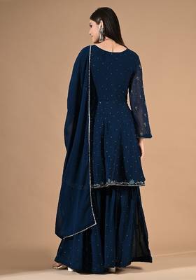 Blue georgette sharara set with thread & crystal embroidery 2