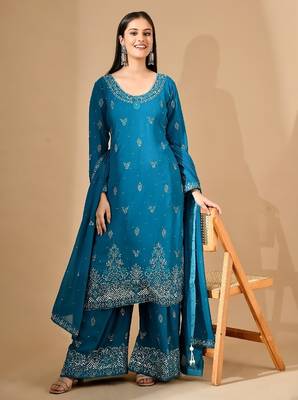 Firozi blue georgette sharara set with mirror & crystal embroidery 5