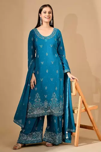 Firozi blue georgette sharara set with mirror & crystal embroidery