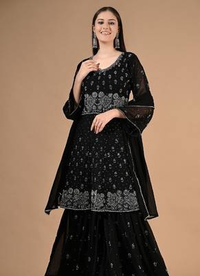 Black georgette sharara set with thread & crystal embroidery 4