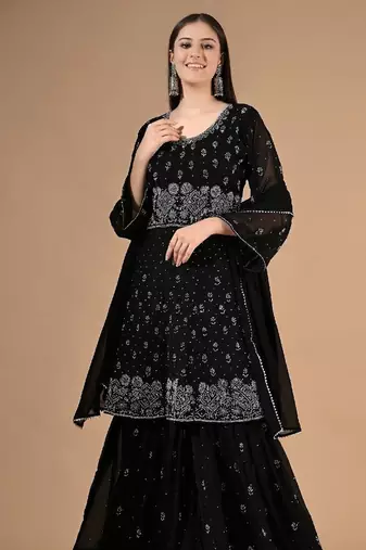 Black georgette sharara set with thread & crystal embroidery