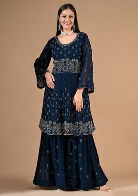 Blue georgette sharara set with thread & crystal embroidery 1