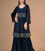 Blue georgette sharara set with thread & crystal embroidery