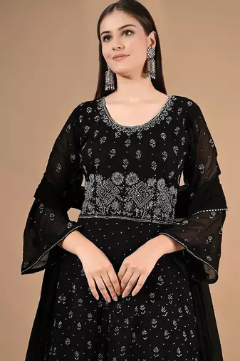 Black georgette sharara set with thread & crystal embroidery