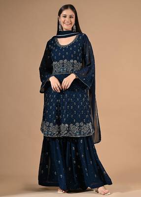 Blue georgette sharara set with thread & crystal embroidery 3