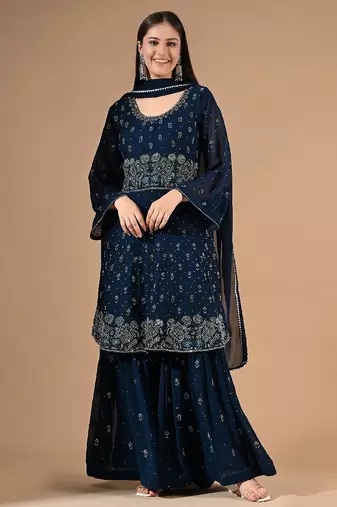 Blue georgette sharara set with thread & crystal embroidery