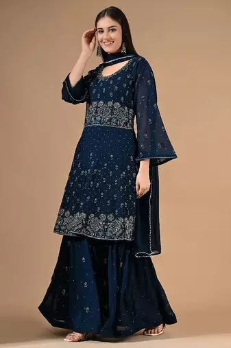 Blue georgette sharara set with thread & crystal embroidery