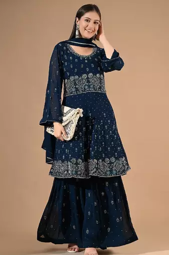 Blue georgette sharara set with thread & crystal embroidery