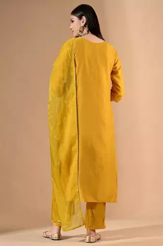 Yellow chanderi cotton kurta set with pearl & thread work