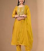 Yellow chanderi cotton kurta set with pearl & thread work