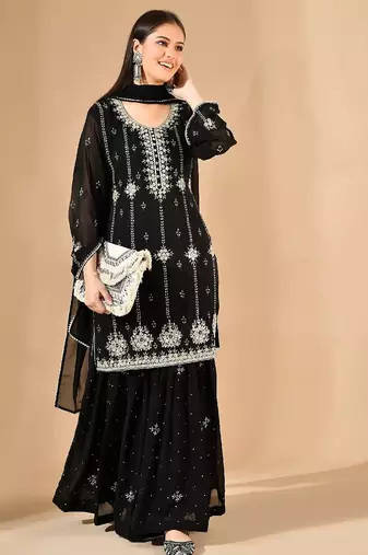 Black thread & zardozi sharara set