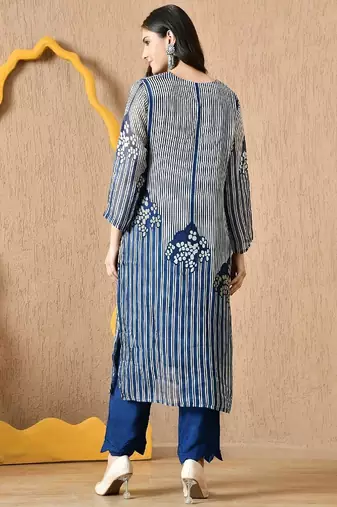  blue kurta set with sequin & pearl work