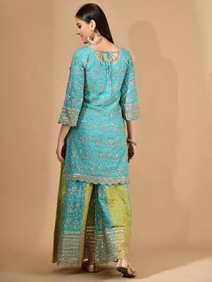 Blue chinon sharara set with zardozi crystal & sequin work 3