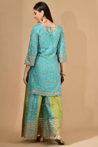 Blue chinon sharara set with zardozi crystal & sequin work