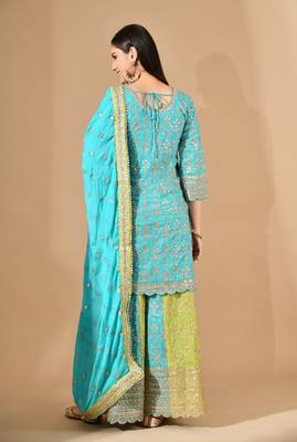 Blue chinon sharara set with zardozi crystal & sequin work 4