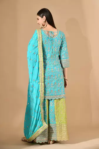 Blue chinon sharara set with zardozi crystal & sequin work