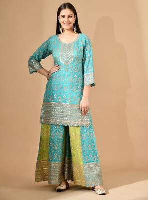 Blue chinon sharara set with zardozi crystal & sequin work 5