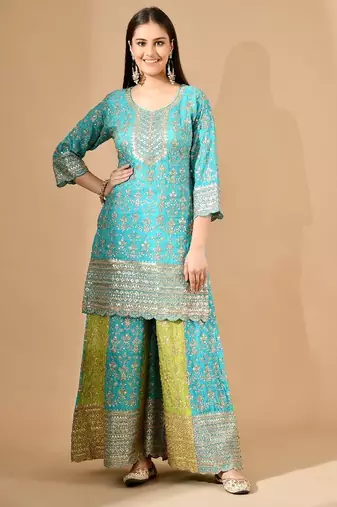 Blue chinon sharara set with zardozi crystal & sequin work