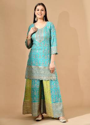 Blue chinon sharara set with zardozi crystal & sequin work 1
