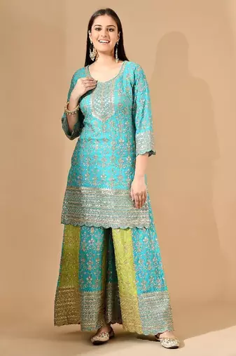 Blue chinon sharara set with zardozi crystal & sequin work