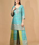 Blue chinon sharara set with zardozi crystal & sequin work