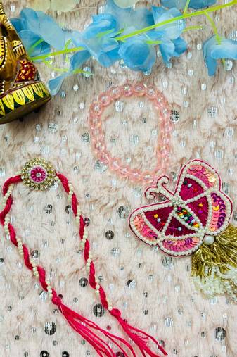 Butterfly Bhaiya Bhabhi Rakhi Set with Beads, Sequins & Floral Motif