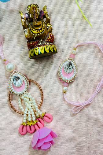 Pastel Pink Bhaiya Bhabhi Rakhi Set with Mirror Stone & Rose Tassel