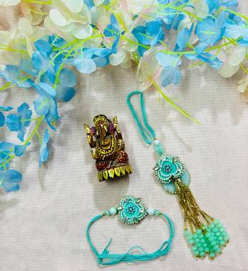 Mint Green Floral Bhaiya Bhabhi Rakhi Set with Bead Tassels & Kundan Accents 1