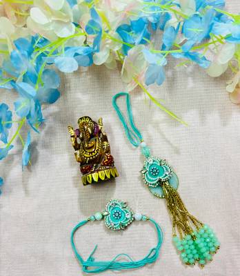 Mint Green Floral Bhaiya Bhabhi Rakhi Set with Bead Tassels & Kundan Accents 2