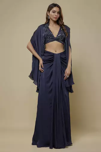 Blue satin plain cape and skirt paired with emobroidered blouse