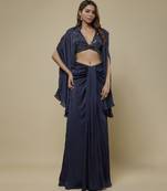 Blue satin plain cape and skirt paired with emobroidered blouse