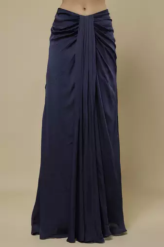 Blue satin plain cape and skirt paired with emobroidered blouse