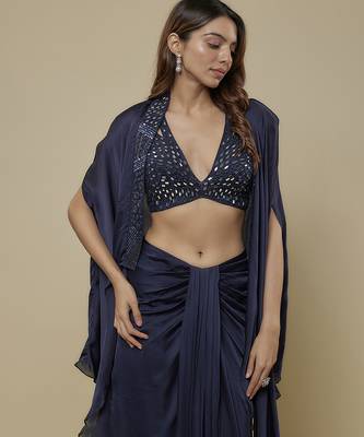Blue satin plain cape and skirt paired with emobroidered blouse 3
