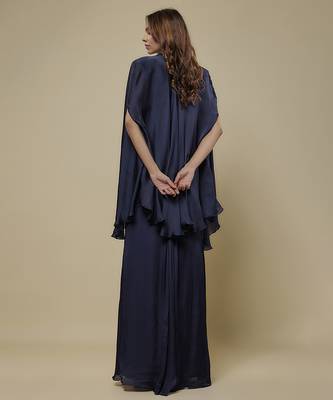 Blue satin plain cape and skirt paired with emobroidered blouse 4
