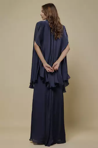 Blue satin plain cape and skirt paired with emobroidered blouse
