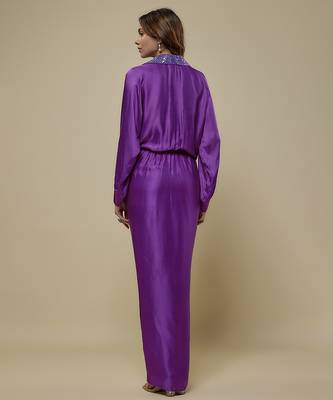 Purple satin plain long dress 2