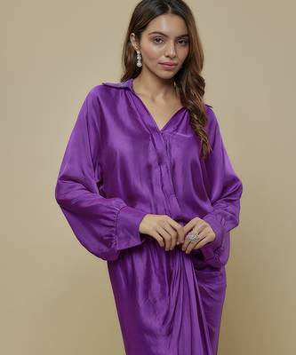 Purple satin plain long dress 3