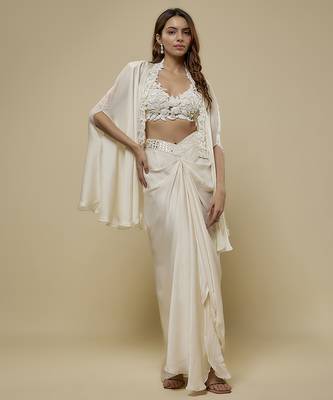 White satin plain cape and skirt paired with emobroidered blouse 1