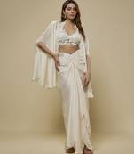 White satin plain cape and skirt paired with emobroidered blouse